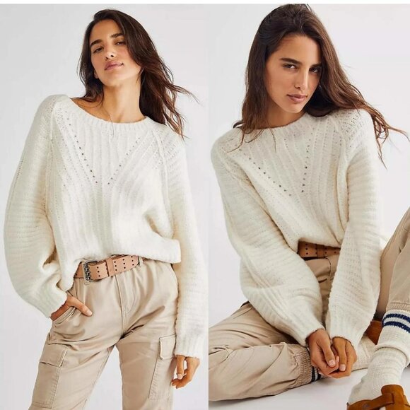Free People Carter Sweater Ivory Pullover Balloon Sleeves Cuddly Oversized Sz LG - Picture 2 of 9